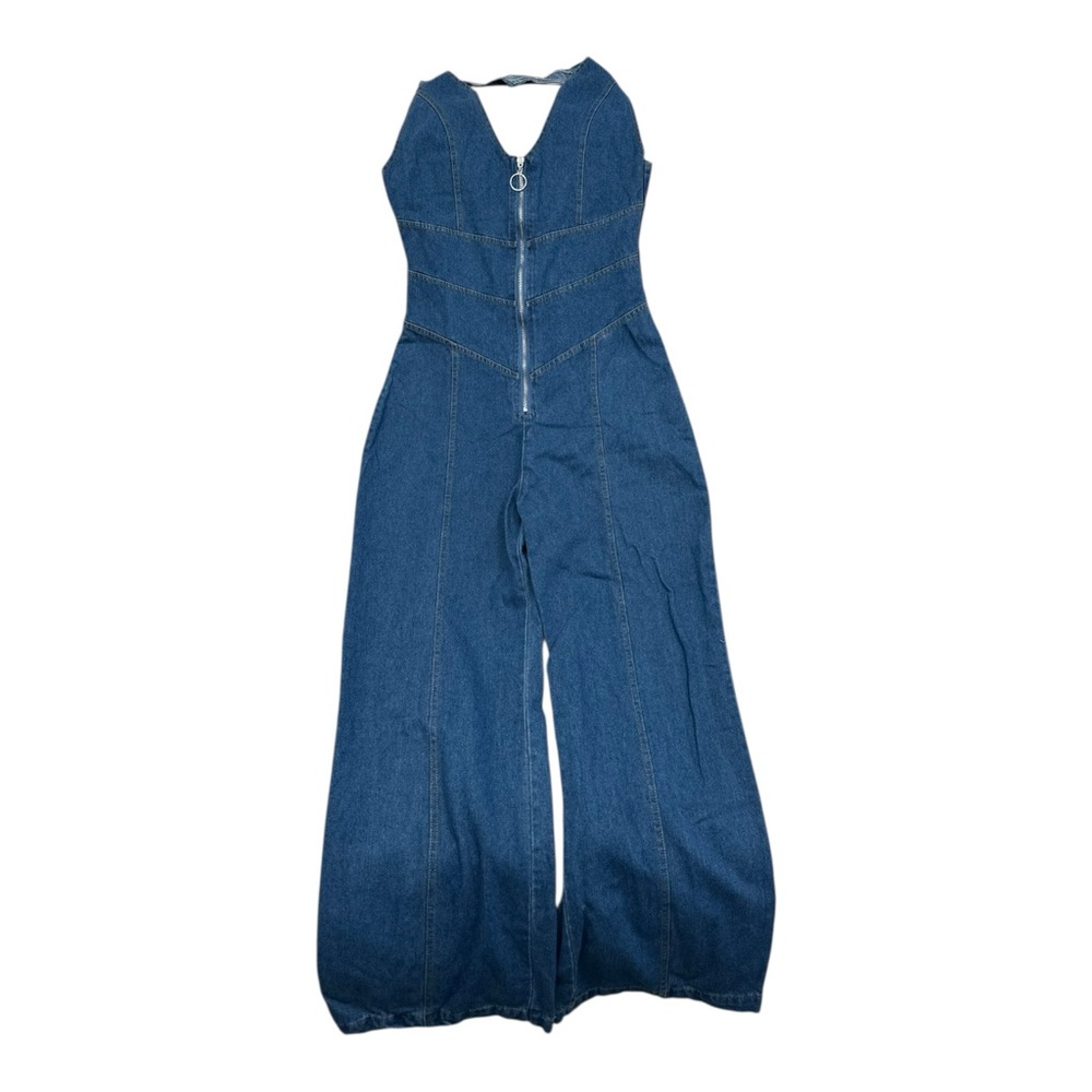 Unbranded Blue Halter Denim Jumpsuit Heart Back Cutout